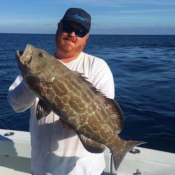 Angler with a black grouper caught on a half day charter aboard Spellbound, Miami